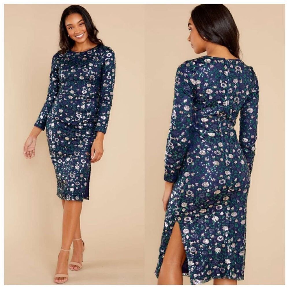 Aura Beyond Fiercer navy blue sequin long sleeve side slit midi dress M